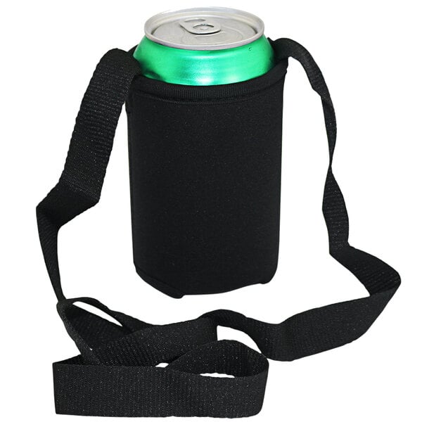 A black neoprene beverage cozie with a strap around a green can.
