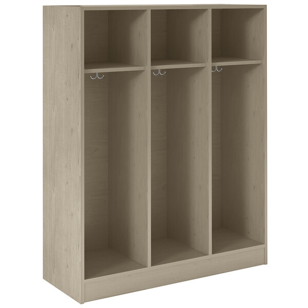 A natural elm wooden locker with three shelves and two doors.