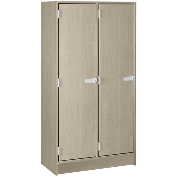 A natural elm double storage locker with doors.