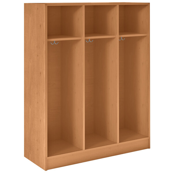 A medium cherry wooden locker with three shelves and two doors.