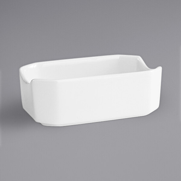 A white rectangular Fortessa Serena porcelain container with a lid.