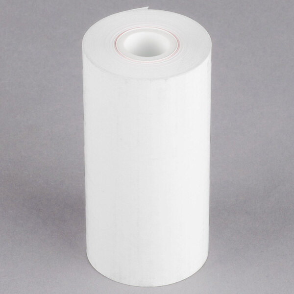 A white cylinder of Point Plus thermal cash register paper with a black top.