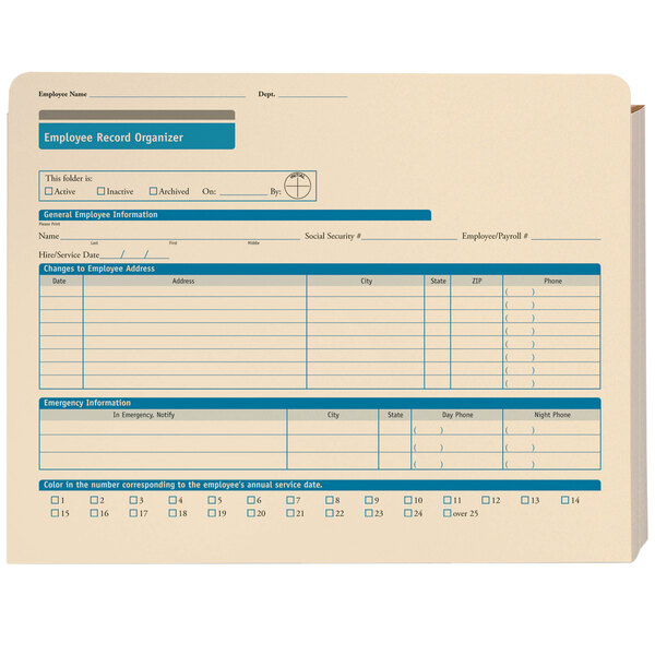 A ComplyRight employee record file folder with blue and white text on it.