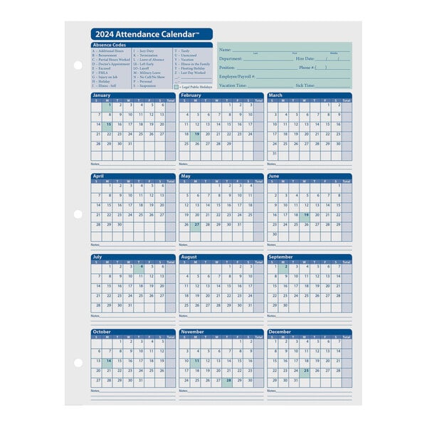 ComplyRight White 2024 Attendance Calendar Card - 50/Pack