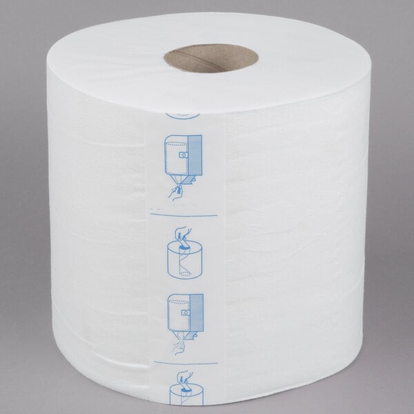 A white roll of Merfin Airlaid paper towels with blue and white labels.