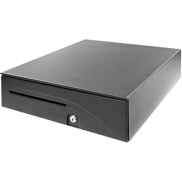 A black rectangular APG cash drawer with a keyhole.