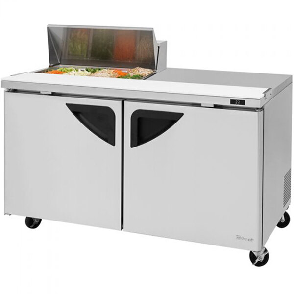 A stainless steel Turbo Air sandwich prep table with two doors and a right work station.
