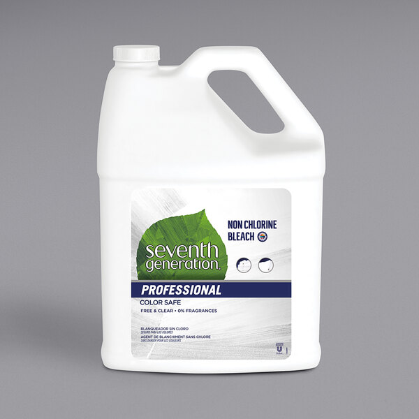 A white Seventh Generation jug labeled "Free & Clear Non-Chlorine Bleach"