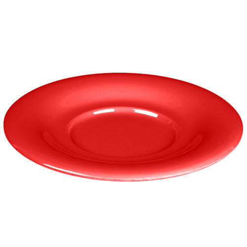 A close-up of a red saucer with a white background.