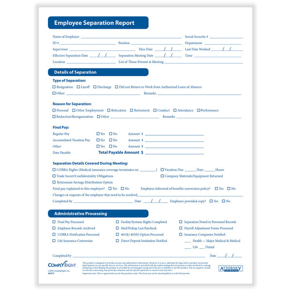 A ComplyRight Separation Notice form with blue text on a white background.