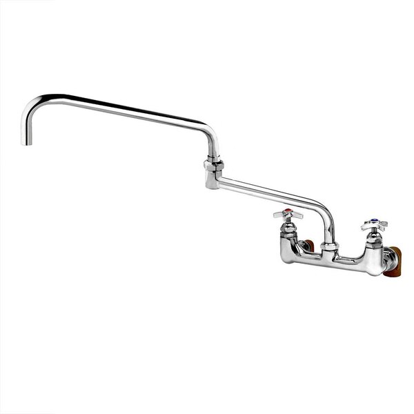 A chrome T&S deck-mounted faucet with double joints and long silver levers.