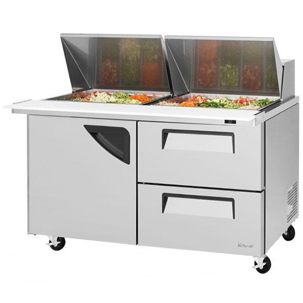 A Turbo Air Super Deluxe refrigerated sandwich prep table with 2 drawers.