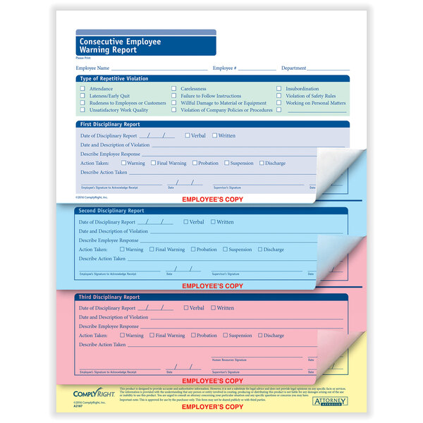 A pack of ComplyRight 4-Part Consecutive Employee Warning Reports with white and yellow forms.