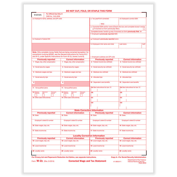 A close-up of a red and white ComplyRight Federal Copy A 1-Part W-2C Tax Form.