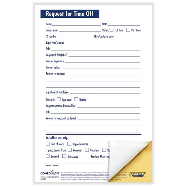 A ComplyRight 2-part time off request form.