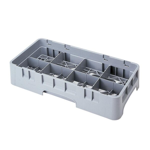 A grey plastic Cambro Camrack with eight compartments and extenders.
