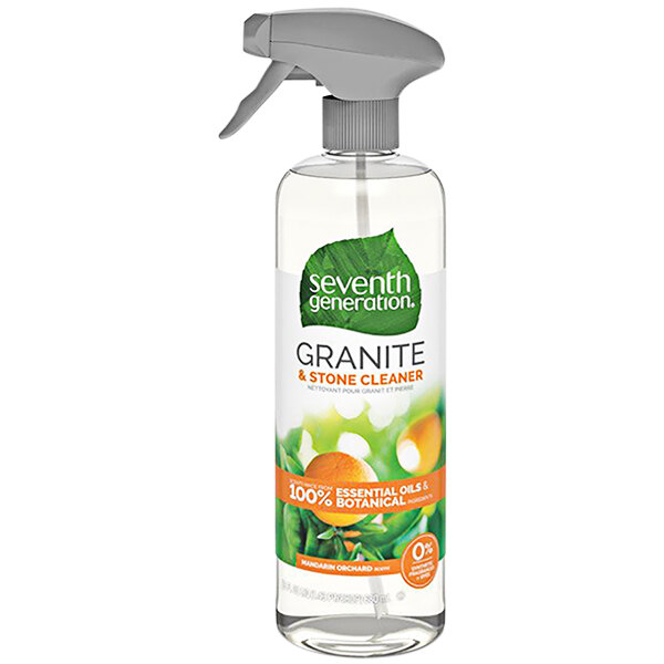 A white spray bottle of Seventh Generation Mandarin Orchard Granite Cleaner with a green label.