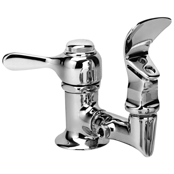 A close-up of a stainless steel Halsey Taylor drinking fountain faucet with a handle and spout.