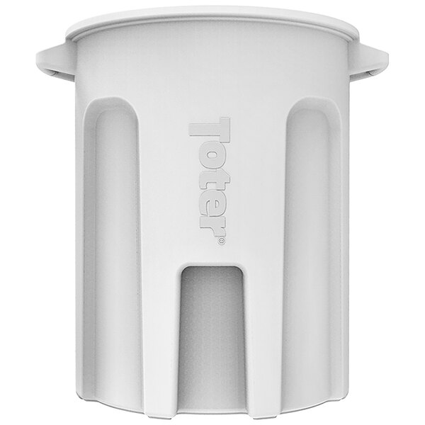 A white plastic Toter round trash can with a lid.