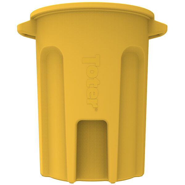 A yellow Toter round trash can with a lid.