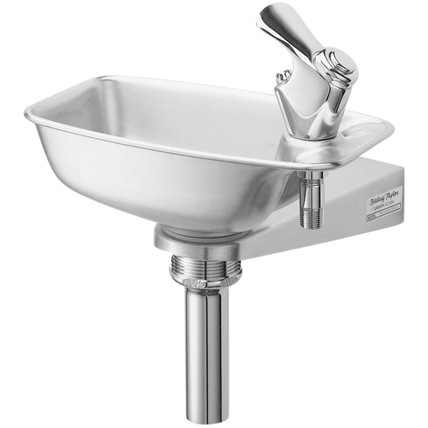 A stainless steel Halsey Taylor drinking fountain with a faucet.