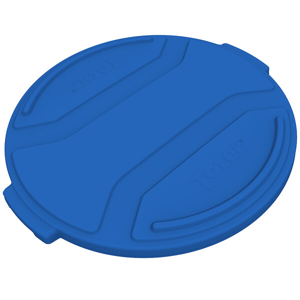 A blue round plastic lid for a Toter 55 gallon trash can.