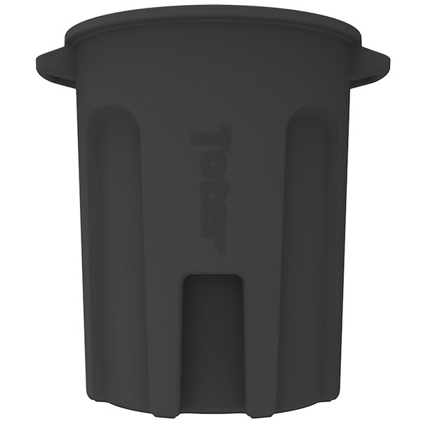 A black plastic Toter round trash can with a lid on top.