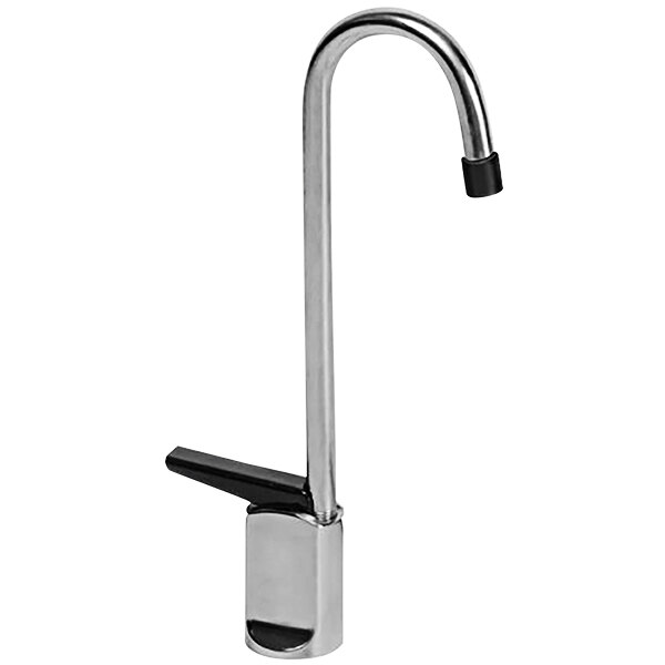 A chrome gooseneck faucet with a black handle.