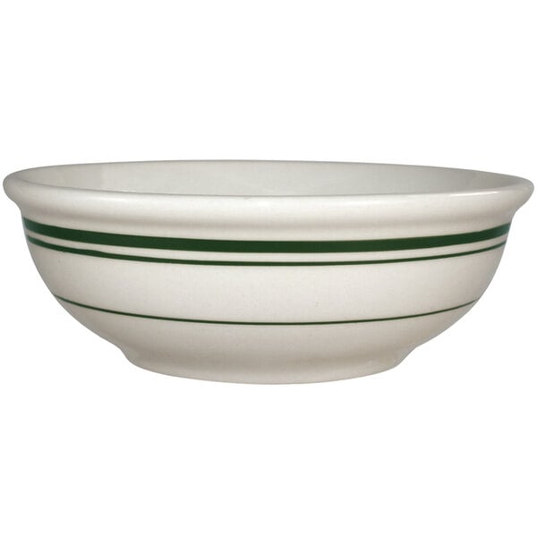 An International Tableware ivory stoneware bowl with green stripes.