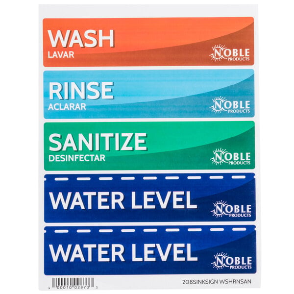 A group of rectangular white, blue, and green labels for a sink with text.