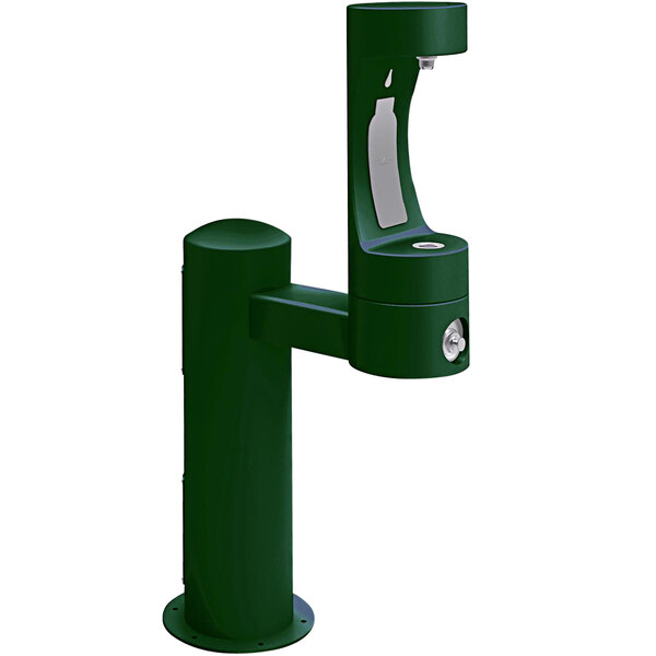 A green Halsey Taylor water fountain with a white background and a green button.