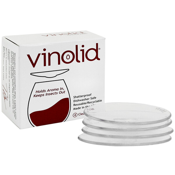 The box for a Vinolid wine glass lid set with a clear container inside.