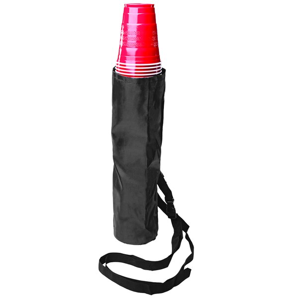 A Franmara red cup holder with a black strap.