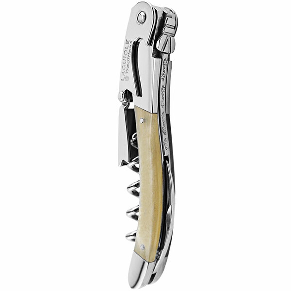 A Laguiole Tradition Ram Horn Waiter's Corkscrew with a wooden handle and silver accents.
