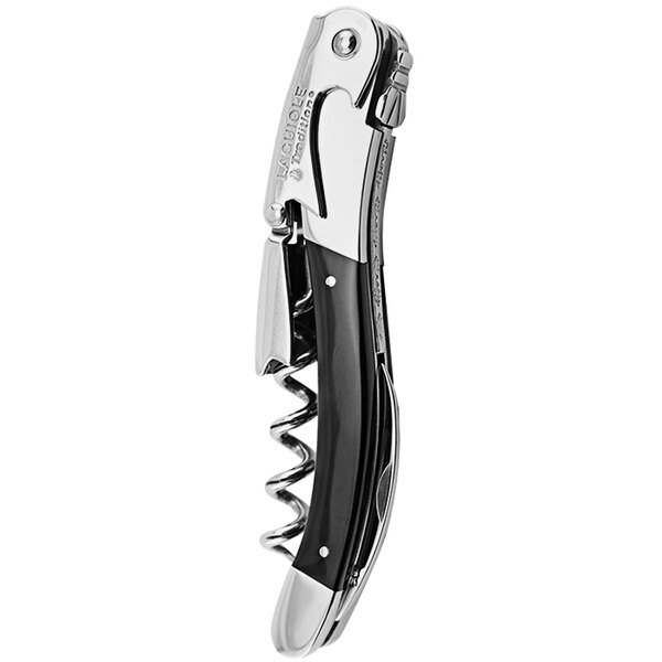 A Laguiole Tradition Black and Silver Corkscrew with a black handle and silver blade.