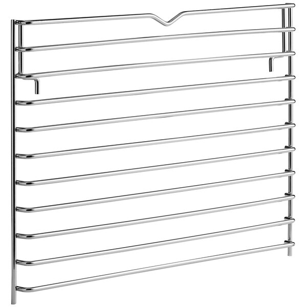 A stainless steel Cooking Performance Group rack guide with many metal bars.
