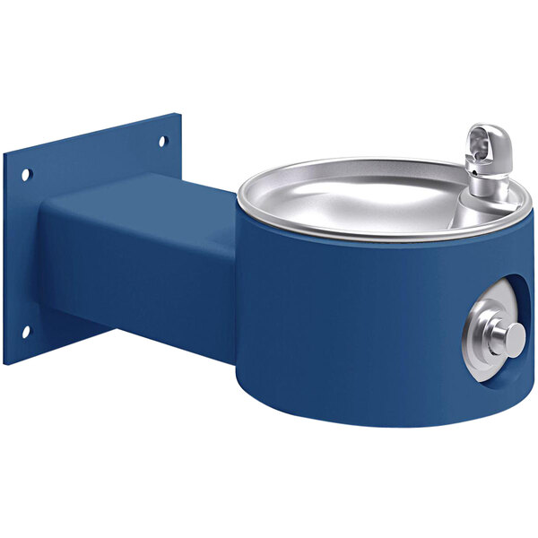 A blue Halsey Taylor wall mounted drinking fountain with a silver metal handle.