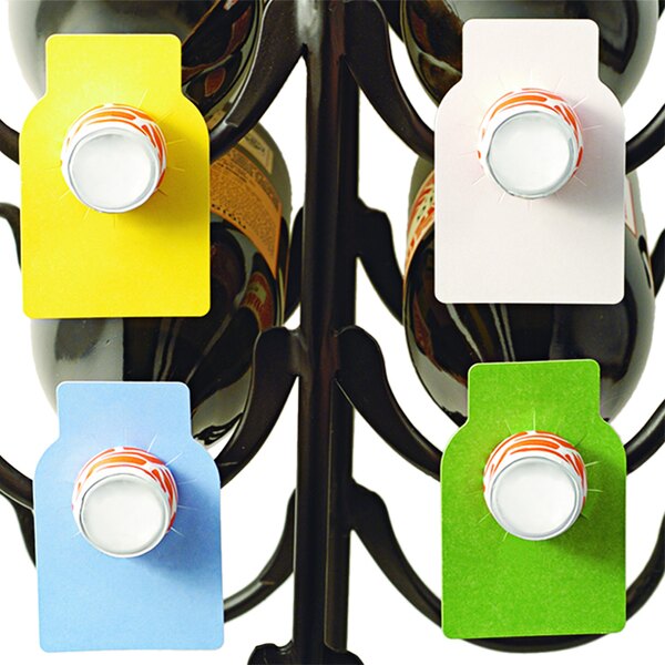 A rack of wine bottles with Franmara multicolored paper wine tags on them.