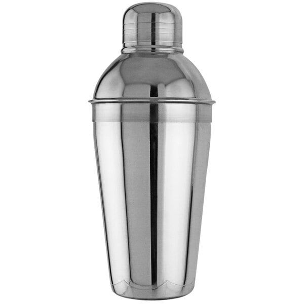 A silver stainless steel Franmara Cobbler Cocktail Shaker with a lid.