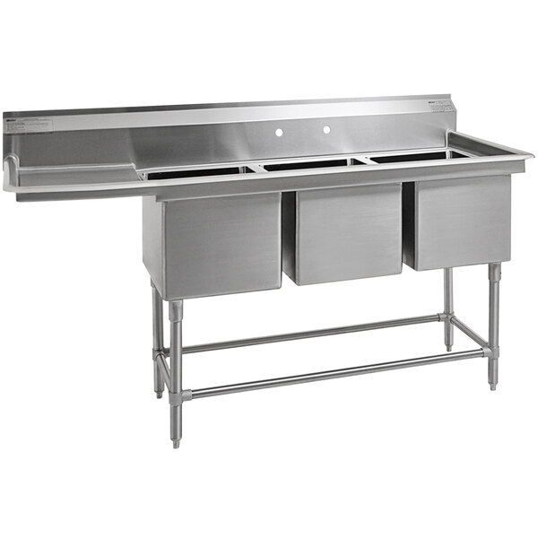 A Eagle Group stainless steel three compartment sink with a left drainboard.
