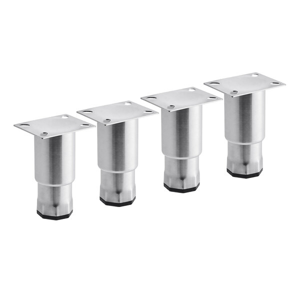 A set of three silver metal Avantco adjustable legs with square bases.
