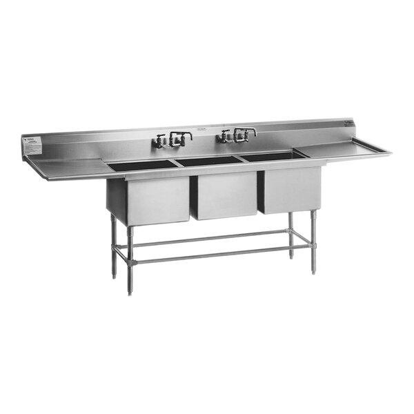 Eagle Group Spec-Master FN2472-3-36-14/3 150" 14-Gauge Stainless Steel Three Compartment Commercial Sink with Two 36" Drainboards - 24" x 24" x 14" Bowls