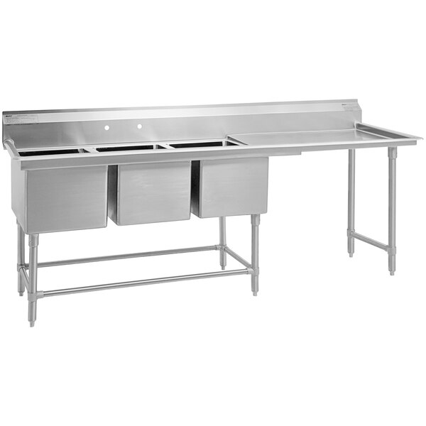 An Eagle Group stainless steel three compartment sink with a right drainboard.