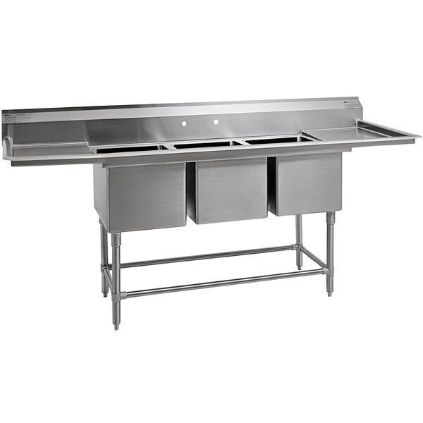 A stainless steel Eagle Group three compartment sink with two 18 inch drainboards.