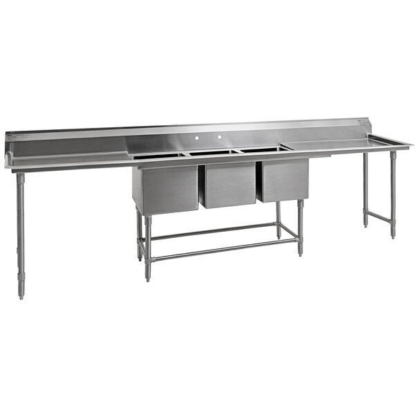 A Eagle Group stainless steel three compartment sink with two 36" drainboards.