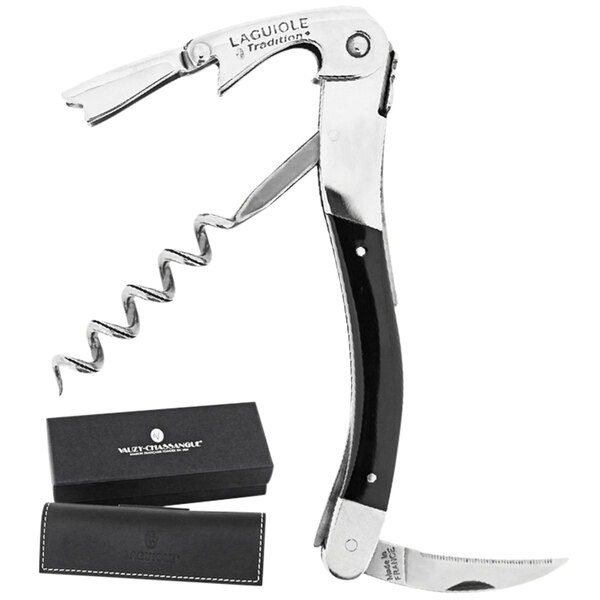 A Laguiole Tradition black and silver waiter's corkscrew with a black handle.