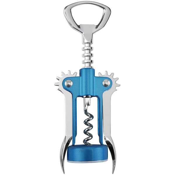 A Franmara Tavern light blue and silver wing corkscrew with a metal handle.