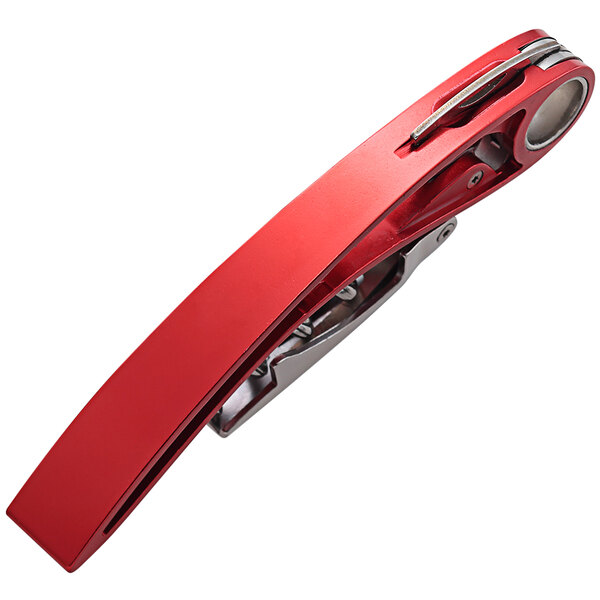 A Farfalli red bottle opener with silver accents.
