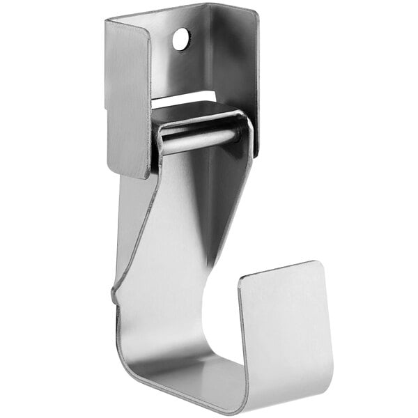 A stainless steel metal hook with a hole in it.