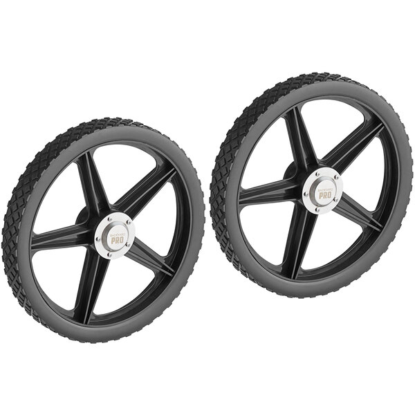 A pair of black wheels with spokes.
